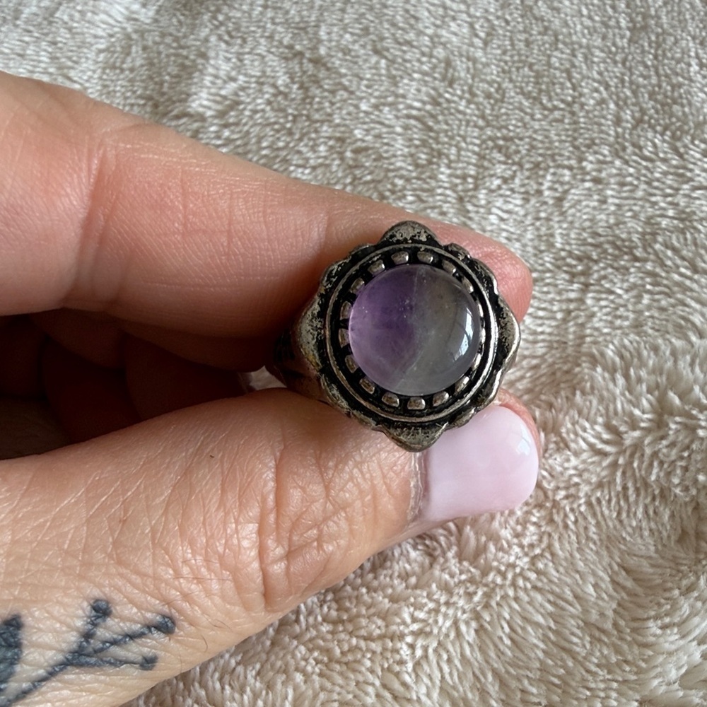 Silver-Tone Amethyst Cabochon Statement Ring - Purple - Picture 3 of 4